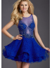 Royal Blue Lace Beaded Sheer Sexy Knee Length Prom Dress